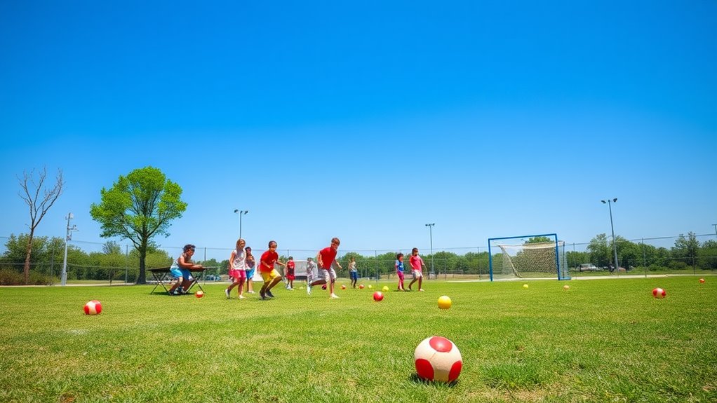 A vibrant kickball field under a clear blue sky, with colorful kickballs scattered around, children joyfully playing, and a picnic setup in the background