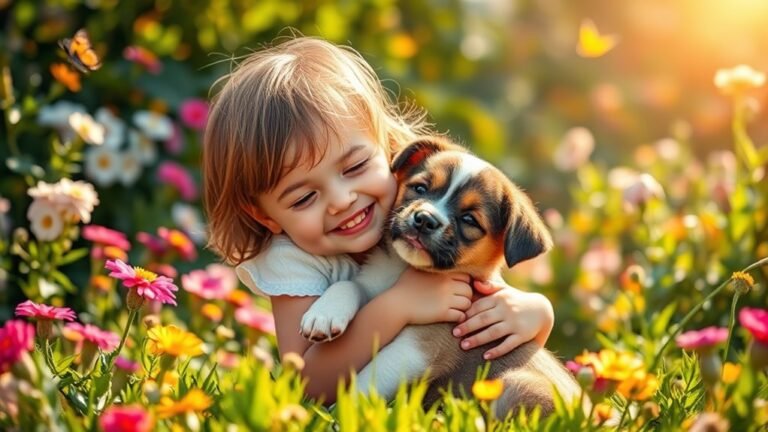 A joyful child cuddling a playful puppy in a sunlit garden, surrounded by blooming flowers and butterflies, capturing the essence of innocence and friendship