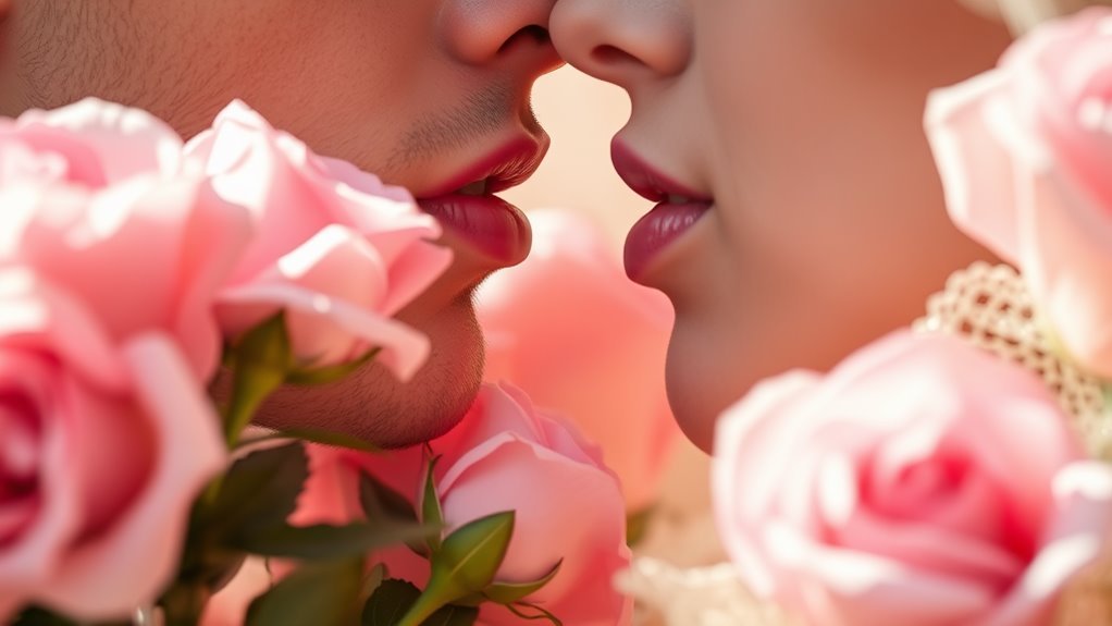 A close-up of two lips gently touching, surrounded by soft pink roses and delicate lace, bathed in warm natural light, creating a romantic atmosphere