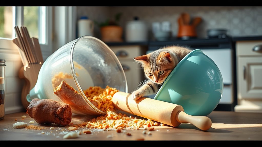 A whimsical kitchen scene featuring a playful mix of spilled ingredients, a tipped-over mixing bowl, and a cat curiously pawing at a rolling pin, all in natural light