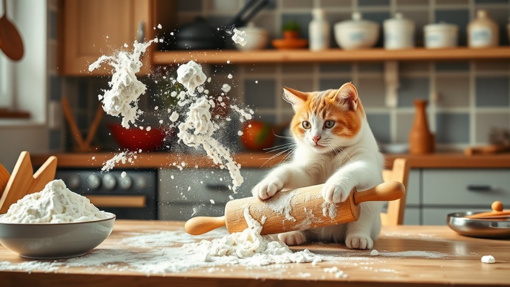 A whimsical kitchen scene showcasing a humorous cooking mishap: flour clouds, spilled ingredients, and a cat playfully pawing at a rolling pin, all in soft, natural lighting