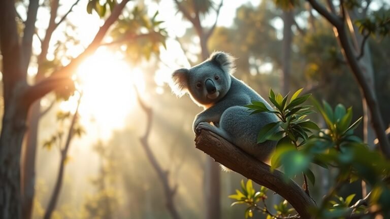 A serene eucalyptus forest at dawn, with a cozy koala perched on a branch, bathed in soft sunlight, surrounded by lush greenery and gentle mist