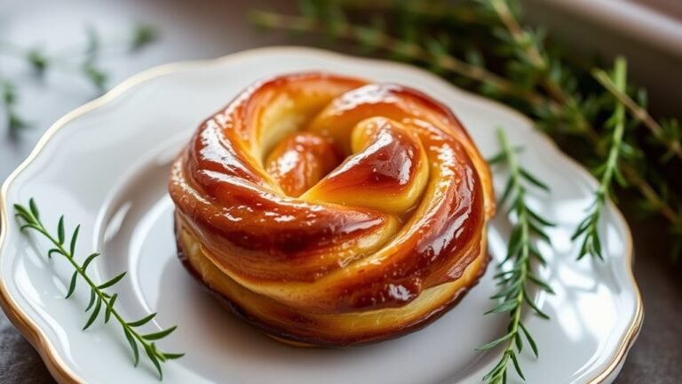 A perfectly golden Kouign Amann, glistening with caramelized sugar, nestled on a delicate porcelain plate, surrounded by fresh herbs and a soft, warm glow