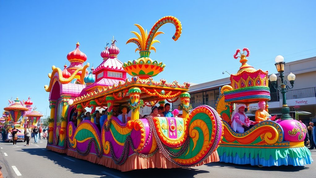 A vibrant parade scene featuring colorful floats adorned with whimsical designs, lively costumed revelers, and sparkling beads, all under a bright blue sky