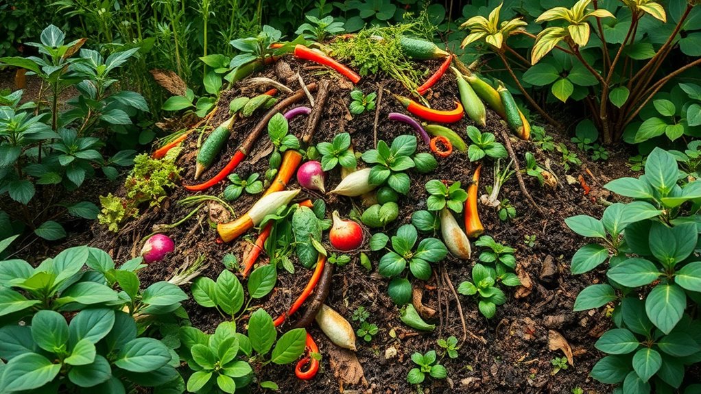 A vibrant compost pile brimming with colorful kitchen scraps, fresh greens, and rich soil, surrounded by lush plants, under soft natural lighting, centered in an elegant garden setting