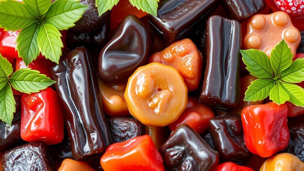 A vibrant, close-up shot of assorted licorice candies, showcasing their rich colors and textures, surrounded by delicate green leaves, natural lighting highlighting the glossy finish