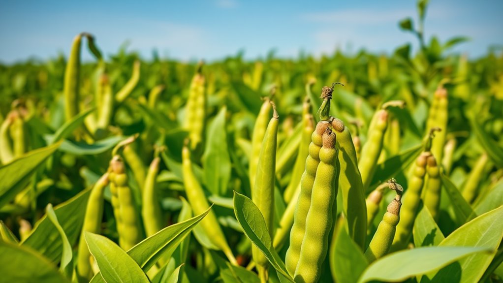 A vibrant, lush green field of lima beans under soft natural lighting, showcasing shimmering pods ready for harvest, with a serene blue sky above