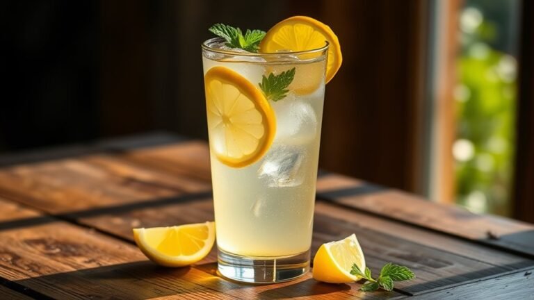 A vibrant, chilled glass of limoncello with lemon slices and mint, set against a rustic wooden table, illuminated by soft, natural sunlight