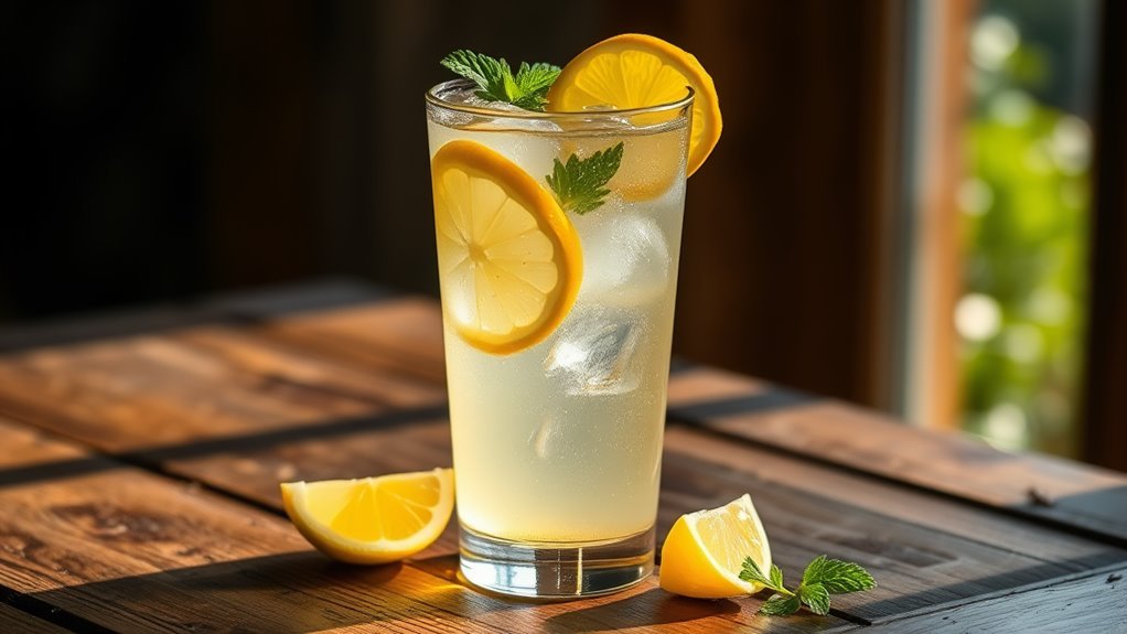 A vibrant, chilled glass of limoncello with lemon slices and mint, set against a rustic wooden table, illuminated by soft, natural sunlight