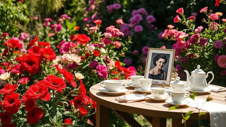 A lush garden scene with vibrant flowers, a wooden table set for a tea party, delicate china, and a vintage photo of a woman named Linda, all bathed in natural sunlight