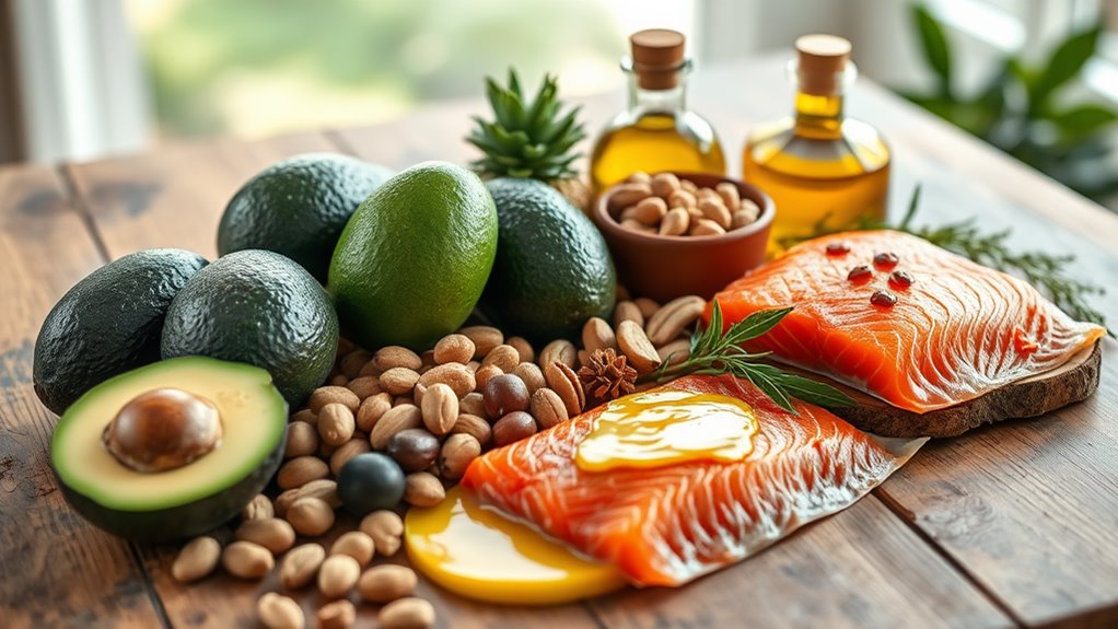 A vibrant assortment of healthy fats: avocados, nuts, olive oil, and salmon, artfully arranged on a rustic wooden table, captured in natural lighting with a soft focus background