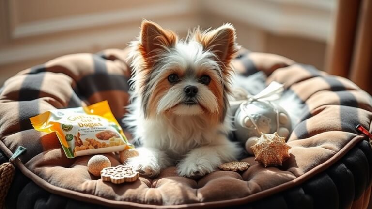 A fluffy, well-groomed small dog lounging on a plush velvet cushion, surrounded by gourmet dog treats and sparkling toys, basking in soft, natural light