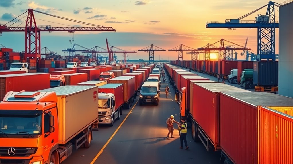 A bustling logistics hub at dawn, cargo trucks lined up, workers coordinating shipments, cranes in the background, all in vibrant colors and dynamic angles