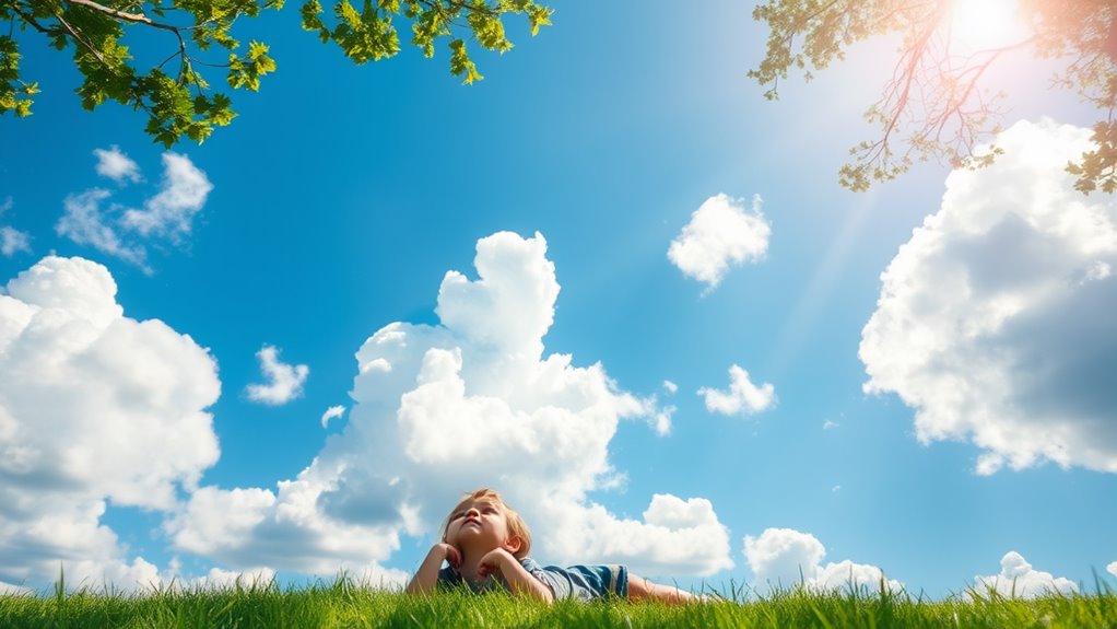 A serene blue sky filled with fluffy white clouds, a child lying on lush green grass gazing upward, sunlight glistening through tree branches