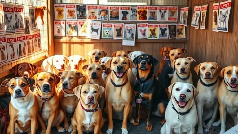 A heartwarming scene of a dog shelter with various breeds of dogs eagerly waiting for adoption, surrounded by colorful lost dog posters, bathed in natural sunlight