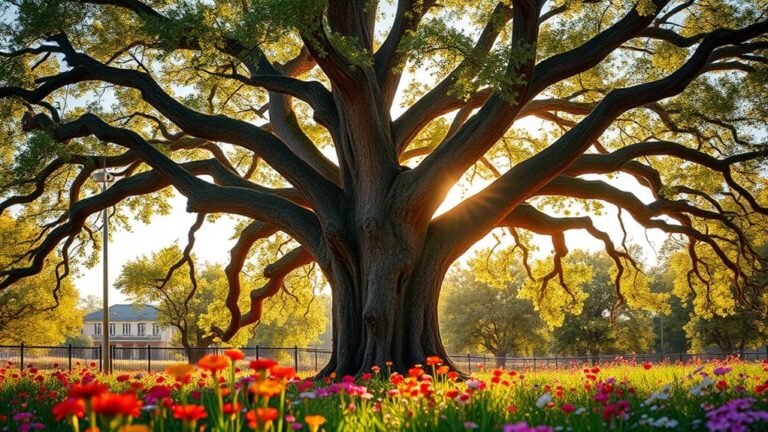 A majestic oak tree in full bloom, surrounded by vibrant wildflowers, bathed in golden sunlight, with intricate bark textures and lush green leaves, centered composition