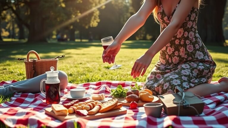 A romantic picnic setup in a sunlit park, featuring a checkered blanket, gourmet food, and intertwined hands of a couple in love, captured in vivid detail