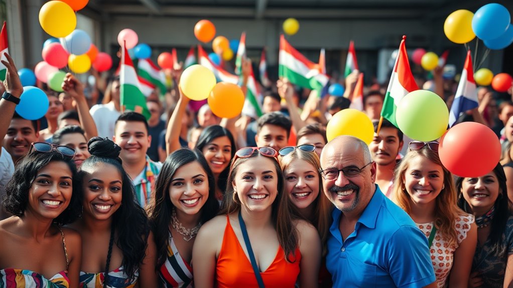 A vibrant gathering of diverse people celebrating loyalty, adorned in colorful attire, with balloons and flags, natural lighting illuminating joyful faces, centered shot