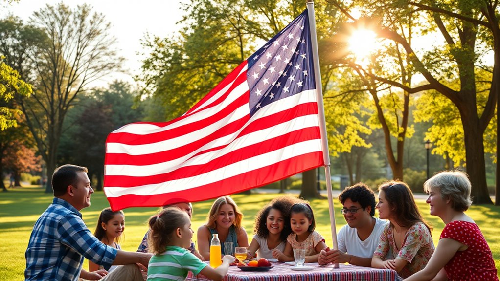 A vibrant American flag waving proudly in a sunlit park, surrounded by diverse families enjoying a picnic, with children playing and smiling faces