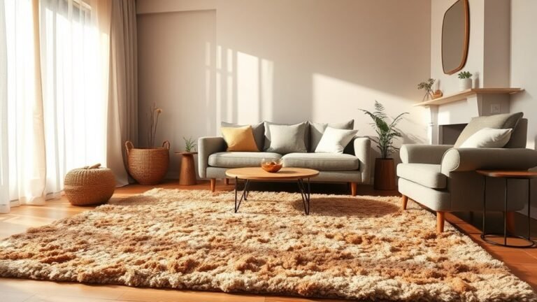 A cozy living room featuring a beautifully textured, lumpy rug in warm hues, sunlight filtering through sheer curtains, casting gentle shadows, inviting tranquility