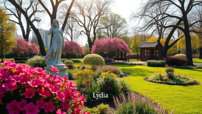 A serene, sunlit park scene featuring a beautiful, blooming garden with vibrant flowers and a graceful statue of a woman named Lydia, capturing elegance and tranquility