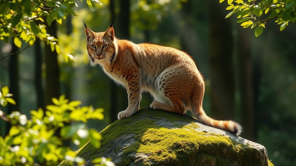 A majestic lynx perched on a moss-covered rock, surrounded by a sun-drenched forest, with soft beams of light filtering through the leaves, capturing its striking features