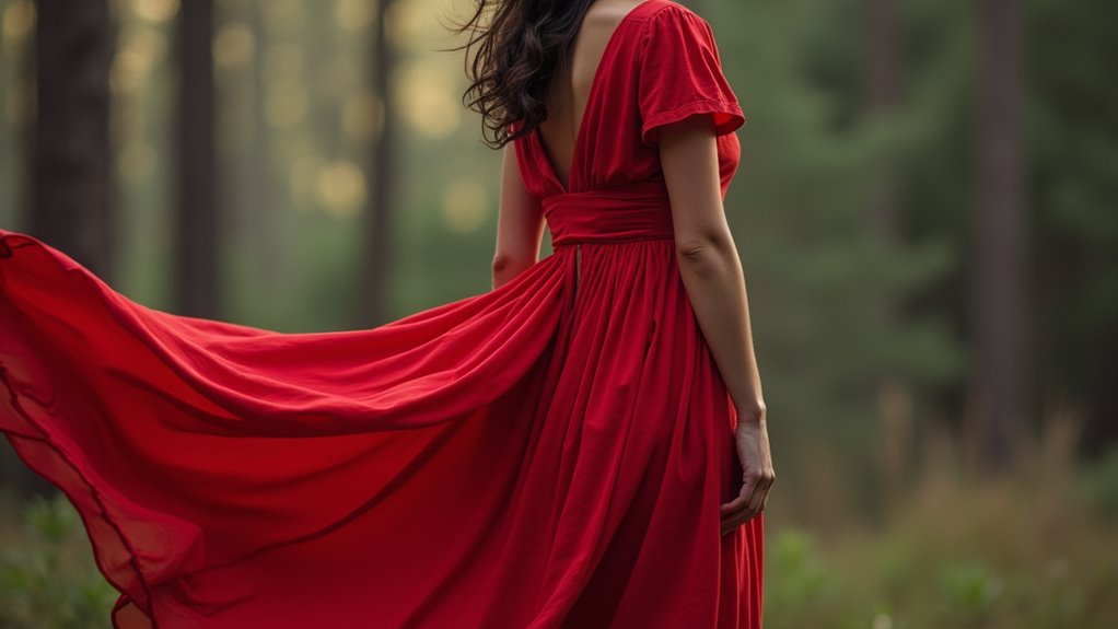 A powerful close-up of a red dress blowing gently in the wind, surrounded by a serene forest backdrop, symbolizing the missing Indigenous women