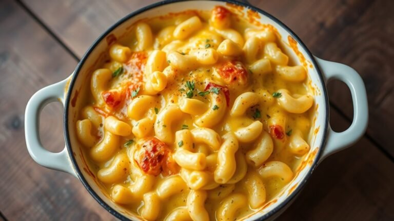 A perfectly baked macaroni and cheese dish, golden and bubbling, garnished with fresh herbs, set against a rustic wooden table in soft, natural lighting