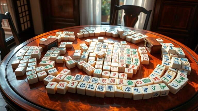 A beautifully arranged Mahjong set on a polished wooden table, natural light streaming in, highlighting the intricate tiles and vibrant colors, evoking a sense of celebration