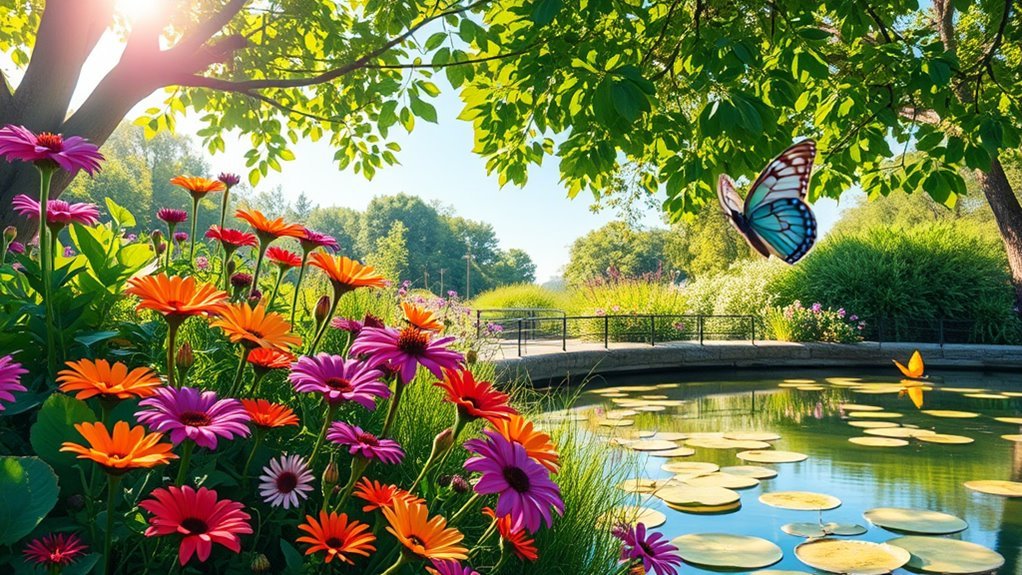 A serene garden scene with vibrant flowers, sunlight filtering through leaves, a peaceful pond reflecting the sky, and a delicate butterfly in flight, all in stunning detail