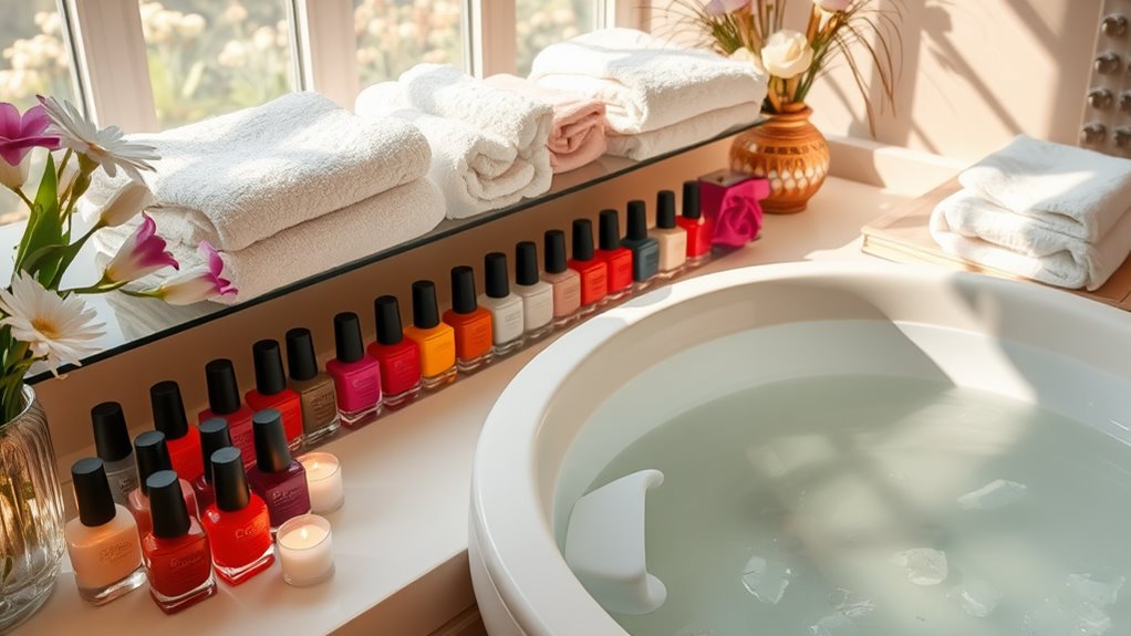 A beautifully arranged spa setting featuring colorful nail polishes, soft towels, and a relaxing foot bath, illuminated by natural light, creating an elegant and inviting atmosphere