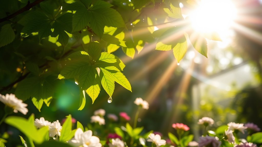 A radiant sunbeam filtering through lush green leaves, illuminating a serene garden with blooming flowers, soft shadows, and glistening dew drops, captured in stunning detail