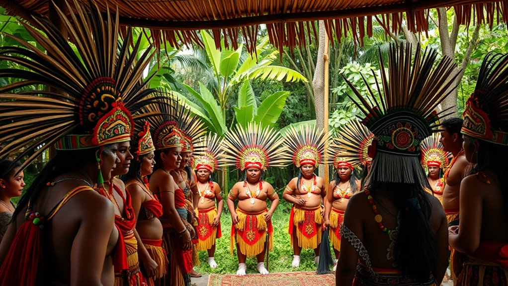 A vibrant Maya ceremonial scene under natural lighting, featuring traditional attire, intricate headdresses, and colorful decorations, centered with a lush jungle backdrop, shot in stunning detail