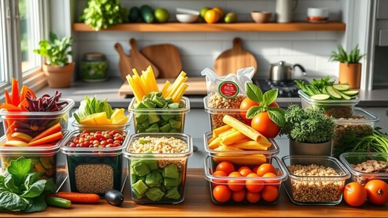 A beautifully arranged kitchen scene showcasing colorful meal prep containers filled with vibrant veggies, grains, and proteins, bathed in soft natural light, centered composition, high detail
