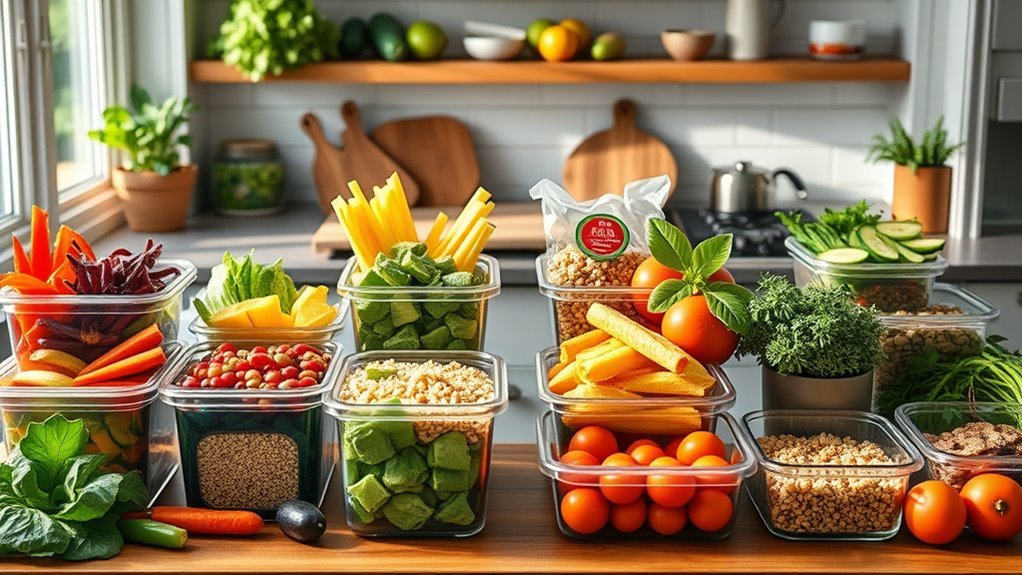 A beautifully arranged kitchen scene showcasing colorful meal prep containers filled with vibrant veggies, grains, and proteins, bathed in soft natural light, centered composition, high detail