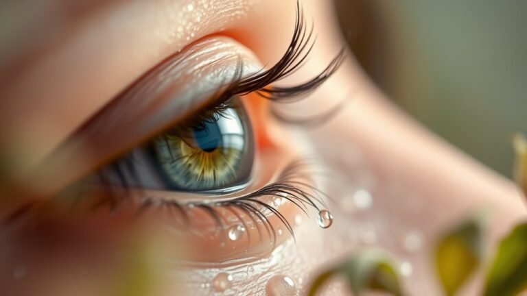 A close-up of a serene eye with glistening tears, surrounded by soft, blurred natural elements, capturing the essence of hydration and relief in elegant detail