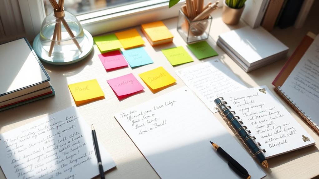 A beautifully arranged desk with colorful sticky notes and elegant memo pads, natural light streaming in, capturing the shimmering details of handwritten messages and vibrant stationery