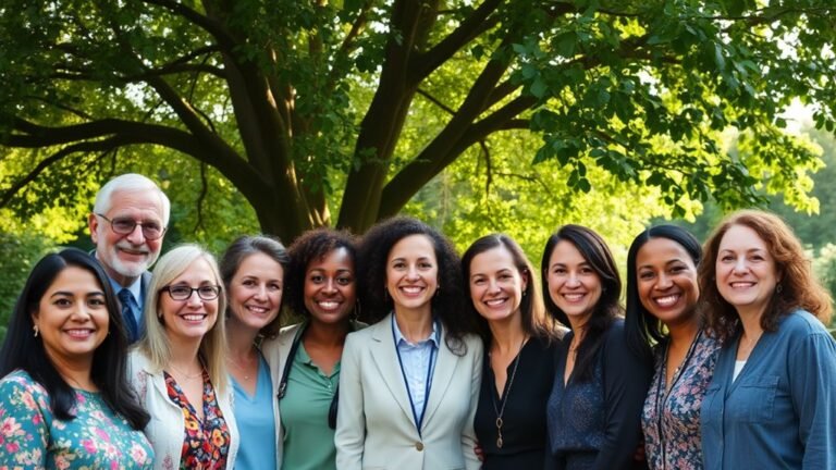 A serene scene of a diverse group of mental health providers smiling warmly, surrounded by lush greenery, sunlight filtering through trees, capturing gratitude and compassion