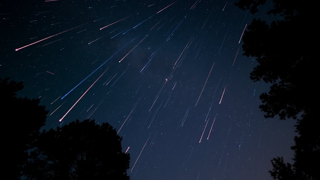 A serene night sky filled with shooting stars, framed by silhouetted trees, capturing the vibrant trails of meteors against a backdrop of twinkling stars.