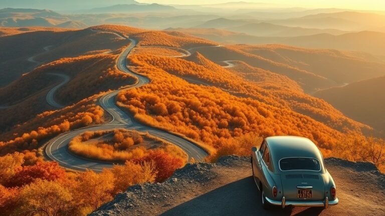 A serene landscape of winding roads stretching into the horizon, surrounded by vibrant fall foliage, with a vintage car parked at a scenic overlook, bathed in golden sunlight