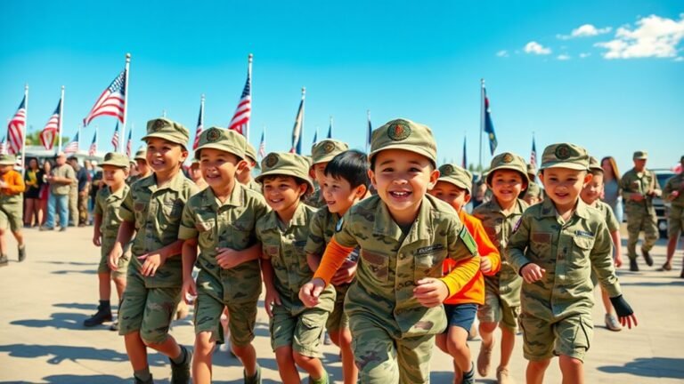 A joyful gathering of military children in vibrant uniforms, playing games under a clear blue sky, surrounded by flags and military memorabilia, captured in natural light