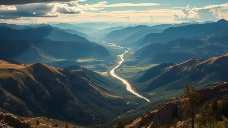 A breathtaking view of Montana's vast landscapes, featuring majestic mountains, lush valleys, and a shimmering river under soft, golden natural lighting