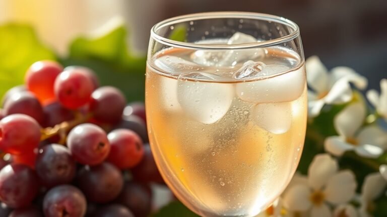 A close-up of a chilled glass of Moscato, glistening with condensation, surrounded by fresh grapes and delicate white flowers, bathed in soft, natural light