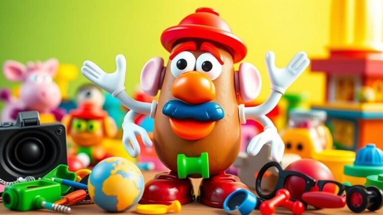 A whimsical scene featuring a colorful Mr. Potato Head surrounded by various accessories, set against a bright, cheerful backdrop of playful toys and vibrant colors