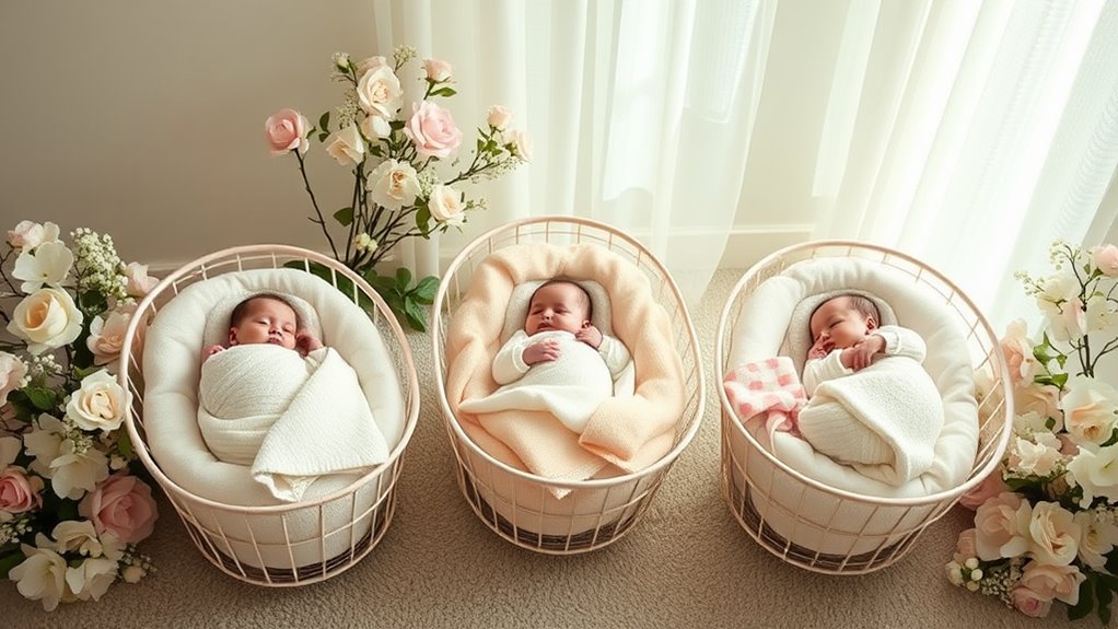 A serene scene of three cradles beautifully arranged, adorned with pastel blankets, surrounded by blooming flowers, softly illuminated by natural light, capturing the essence of multiple births