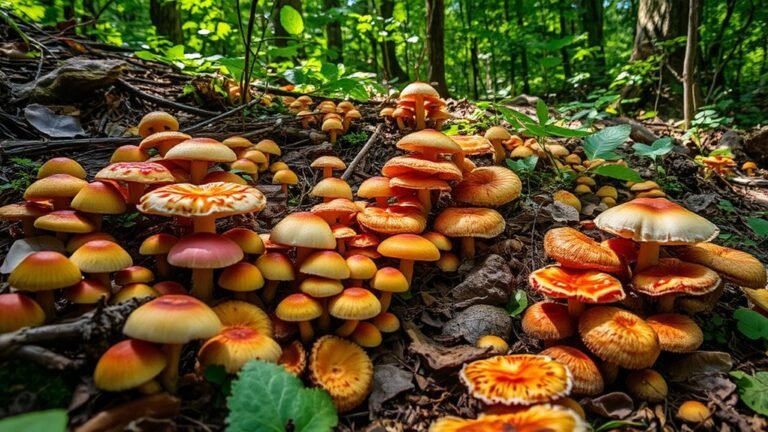 A lush forest floor blanketed with diverse mushrooms in vibrant colors, dappled sunlight filtering through leaves, showcasing intricate details and textures, captured in stunning clarity