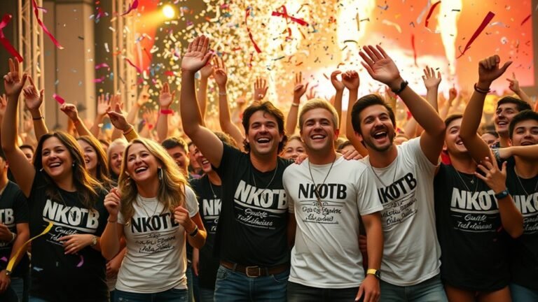 A vibrant celebration scene featuring fans in NKOTB merchandise, confetti falling, and a lively concert atmosphere, all captured in natural lighting with detailed elegance