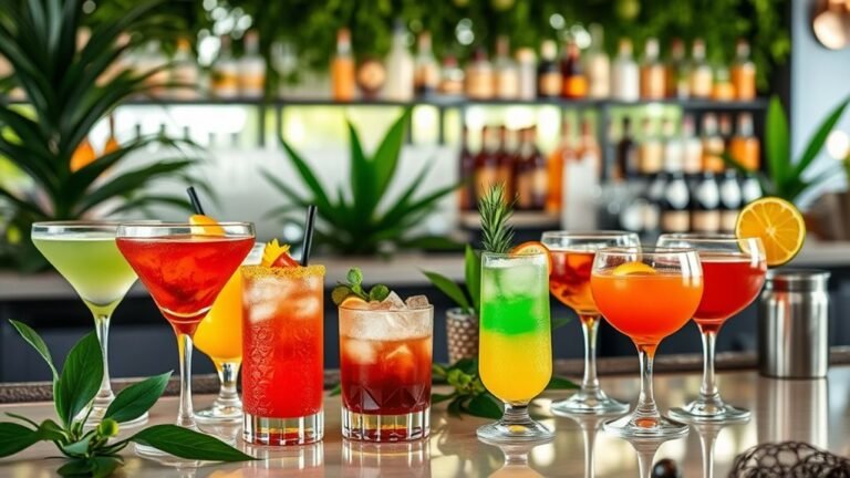 A beautifully arranged cocktail bar scene, featuring an array of colorful, exotic drinks in elegant glassware, surrounded by lush greenery and soft, natural lighting.