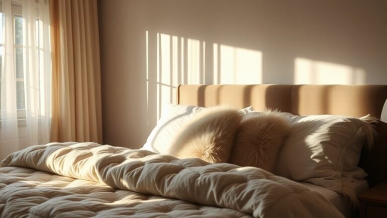 A cozy bedroom with a plush bed adorned with soft, fluffy pillows, sunlight filtering through sheer curtains, casting gentle shadows, inviting tranquility and peaceful slumber