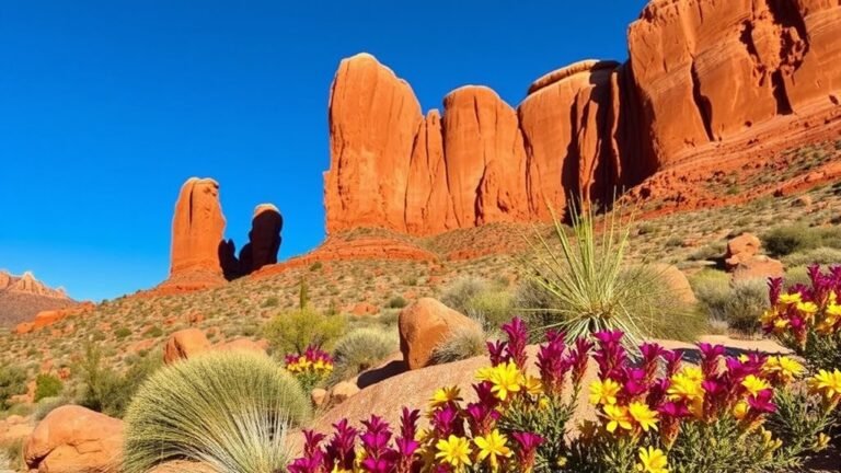 A vibrant New Mexico landscape featuring red rock formations, blooming desert flowers, and a clear blue sky, bathed in warm natural light, showcasing the state's unique beauty